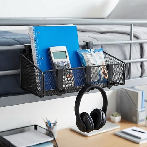 JDYOOMI Bedside Caddy Shelf Hanging Storage Basket for Bunk Bed, Office Cubical Walls, Baby Rails, College Dorm Organizer - 5 Pairs Sized Hooks for Phone, Glass, Magazine, Decor (Black)
