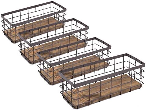 TIEYIPIN Small Metal Wire Storage Basket, Detachable Wood Base Storage Organizer Bin Basket for Kitchen Cabinets, Bathroom, Pantry, Garage, Laundry Room - Brown (4 Pack)