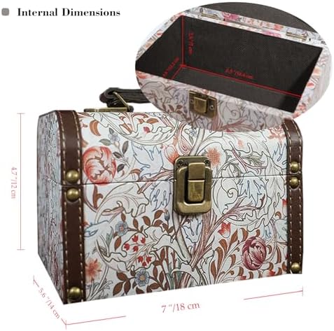 Vintage Decorative Storage Box with Handle, Retro Floral William Morris Keepsake Organizer Chest for Jewelry, Trinkets, Gift Packaging and Home Decor, 7 x 5.6 x 4.7 Inch