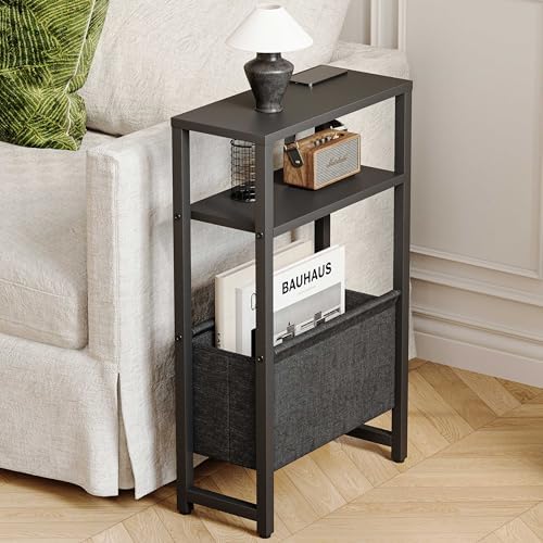Narrow Side Table, Slim End Table with Magazine Rack, Skinny Bedside Table for Small Spaces, 3 Tier Sofa Couch Table Nightstand for Living Room, Bedroom, Black LET503B