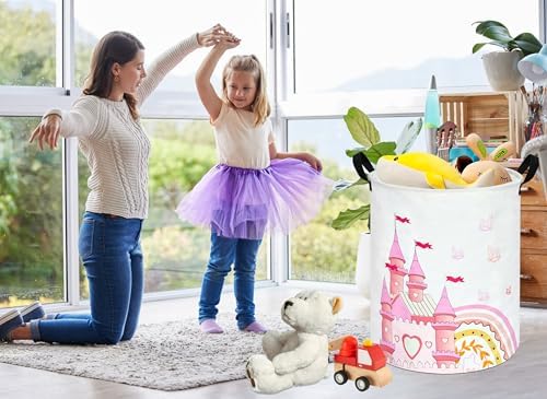 MAIZMZ Pink Castle Storage Bins Organizer Toy Box Laundry Basket Large Canvas Collapsible Chest for Home/Dorm/Kitchen/Pet/Office/Closet/Shelf/Gift Baskets