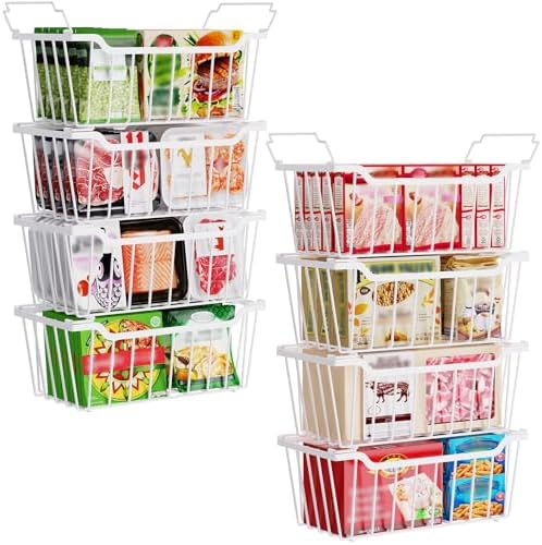 SUNALLY Freezer Organizer Bins, 8 Pack Stackable Pantry Storage Bins, White