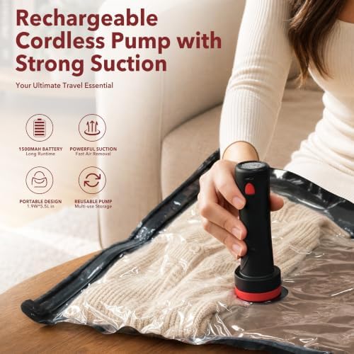 MEIQIHOME 28 Pack PackEase Travel Vacuum Bags 1500mAh Wireless Pump, 80% Compression Space Saver for Luggage, Clear PA+PE Reusable Seal Bags for Clothes, Portable Electric Air Pump for Travel & Home