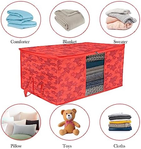 Kuber Industries Underbed Storage Bag | Clothes Storage Organizer | Blanket Cover with Clear Window | Zipper Closure & Handle Cloth Organizer | New Flower-Design | Large | Pack of 6 | Red