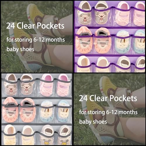 Dual-sided Baby Shoe Organizer Closet Hanging Toddler Shoes Storage for Kids Bow Socks Underwear Holder with 48 Clear Pockets (Purple)
