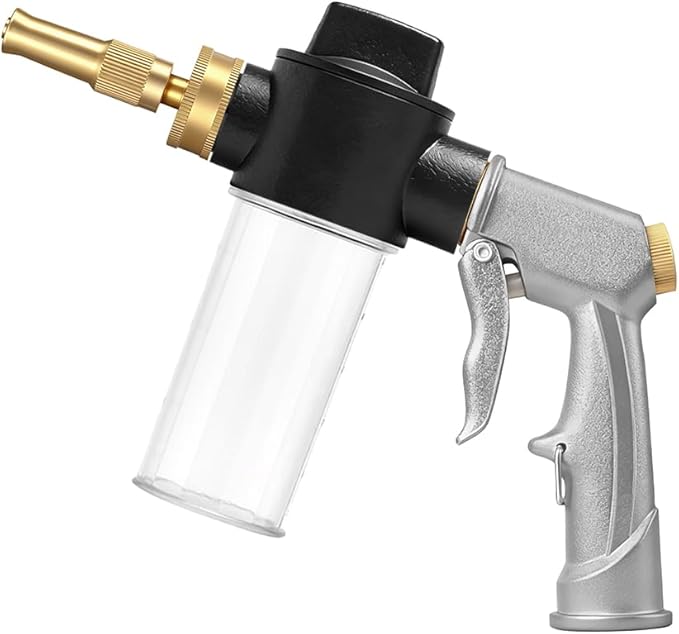 High Pressure Garden Hose Nozzle with Soap Dispenser, Heavy Duty Foam Gun Car Wash Sprayer, Adjustable Nozzle for Gardening, Solar Panel Cleaning, Pet Showering (Silver)