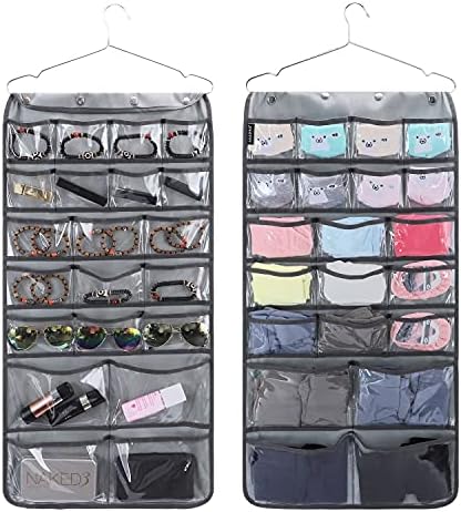 Dual Sided Hanging Organizer for Jewelry Makeup Storage Closet Organizers for Bows Socks Underwear with 42 Clear Pockets (GREY)