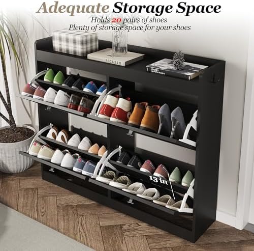 GarveeHome Large Shoe Cabinet with 4 Flip Drawers, Wooden Shoe Cabinet Storage with Adjustable Shelf for Entryway, Freestanding Hidden Shoe Organizer for Hallway, Bedroom, Living Room, Black