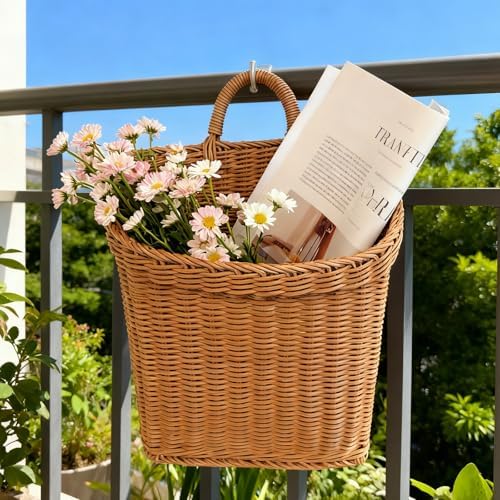 Hanging Basket for Wall Hanging Wicker Wall Baskets for Storage, Decor, Space-Saving Rattan Door Basket for Kitchen, Bathroom, Bedroom, Living Room Organization (Brown)