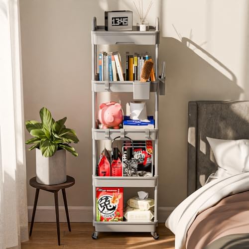 Sorgion 5 Tier Rolling Cart Organizer,Bathroom Cart Organizers with Wheels Laundry Room Organization Mobile Shelving Unit Utility Cart Storage Shelves Multi-Functional for Office, Home(Grey)