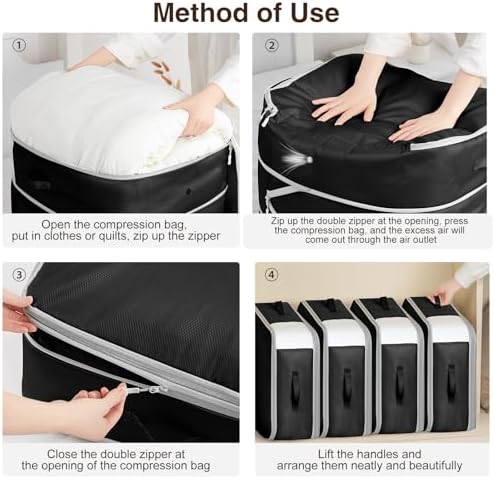 Homsorout 4 Pack Compression Storage Bags - 110L Large Capacity Comforter Storage Bag, 3-Layer Washable Ultra Space Saving Self Compression Organizer Space Bags for Blanket, Sweater, Sheet, Black