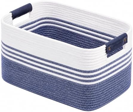 Cotton Rope Laundry Basket Large, 19.2GAL Collapsible Woven Storage Baskets for Living Room Kids Toys Stuffed Animal,Boho Rectangular Decorative Short Hamper for Dirty Clothes, Blankets Denim Blue