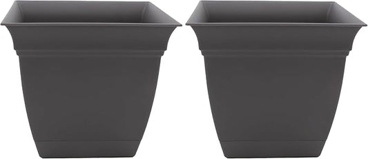The HC Companies 6 Inch Eclipse Square Planter with Saucer - Indoor Outdoor Plant Pot for Flowers, Vegetables, and Herbs, Warm Gray (Pack of 2)