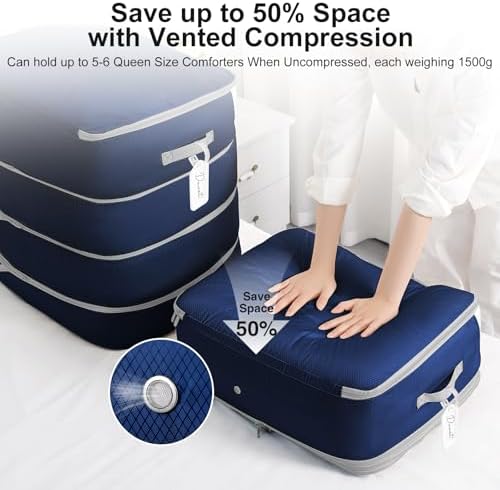 Comforter Storage Bag - Large Capacity Blanket Storage Bags 4-Layer Ultra Space Saving Self Compression Organizer, Washable Compression Bags for Storage Comforter Blanket, 2-Pack, Navy Blue