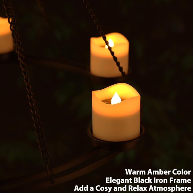 Outdoor Chandelier Solar, Hanging Candle Lantern with 7pcs Solar Powered Votive Lights in Matt Black Finished Metal Candle Holders for Home, Garden, Backyard, Pergola, Gazebo, Tree, Window Decor