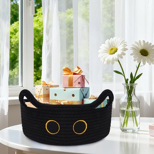 Black Cat Toy Basket for Nursery,Small Cute Cat Oval Woven Rope Basket