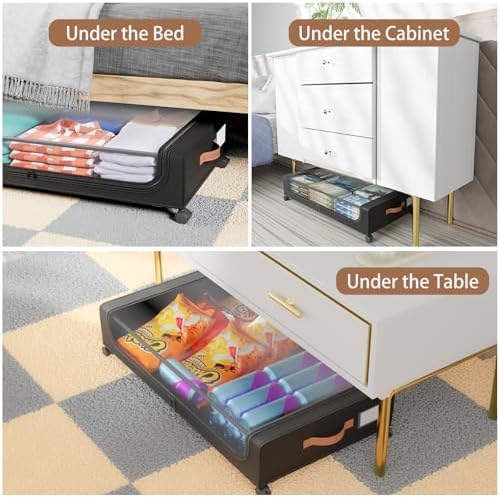 Under Bed Storage with Wheels, UnderBed Storage Containers with Clear Lid and Handles, XXL 60L Under the Bed Storage Bins Drawers for Clothes,Blankets,Shoes,Books (BLACK, 2 PACK)