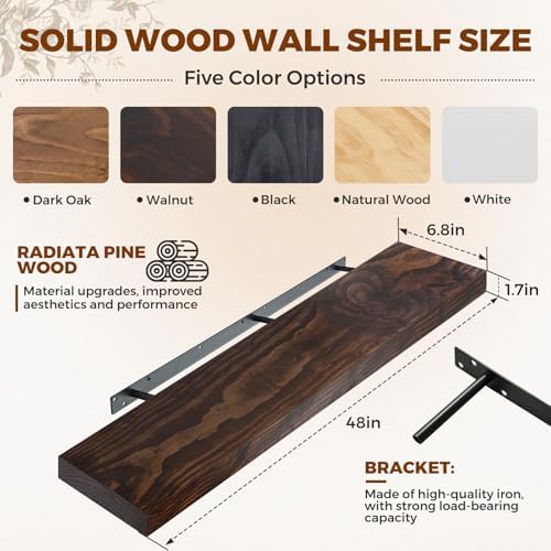 48x6.8x1.7in Solid Wood Floating Wall Shelf Set of 2 Walnut Finish