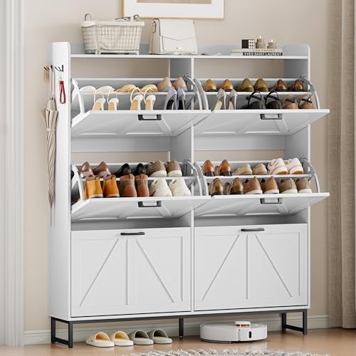 Wodeer Shoe Cabinet Storage for Entryway, Shoe Storage Cabinet with 6 Flip Drawers, Freestanding Narrow Shoe Rack Organizer with Metal Legs, Adjustable Shelves & Open Storage for Foyer, Hallway, White