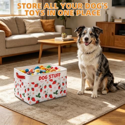 KOOLTAIL Dog Toy Basket, Collapsible Dog Toy Bin Box with Drawstring Cinch Top &Handles, Pet Food Storage Organizer for Dog Toys, Apparel, Blankets and Leashes, Pink Strawberry, M, 15.3"x11"x9.5"