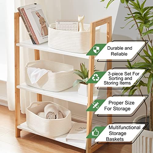 OIAHOMY 3 Pack Storage Baskets for Shelves Cotton Rope Storage Bins White