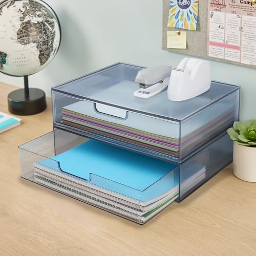 STORi STAX Plastic Stackable Organizer Drawers (Set of 2) Classic Grey | 12.5" Wide | Set Includes Two Open Drawer | Organize Office Desk Accessories & Sort Paper | Made in USA (Pack of 2)