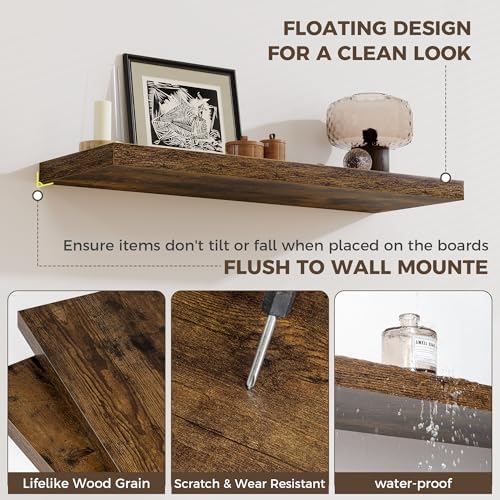 Fun Memories 12 Inch Deep Floating Shelves, 16 x 12 Wooden Wall Shelves, Extra Deeper & Thicker Rustic Wall Mounted Storage Shelf for Fireplace, Living Room, Kitchen, Farmhouse, Rustic Brown - 3Pack