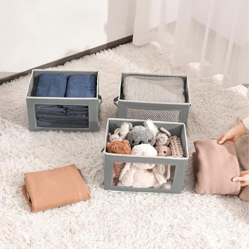 Homsorout Stackable Storage Bins with Lids - Medium Storage Box with Lids, Foldable Closet Boxes for Organizing, Wardrobe Clothes Organizer with Window, Cubes Bins for Living Room, 5 Pack, Grey