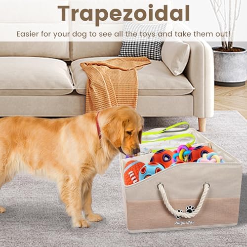Large Dog Toy Basket with Handle, Foldable Dog Toy Box for Living Room Area , 28.5" Basket for Dog's Supplies, Organizer and Storage with Hard Board, Anti-Slip for Pet Toys (Beige, Large 28.5"×15")