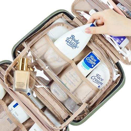 NISHEL Travel Toiletry Bag for women, Portable Hanging makeup Organizer | for Travel-Sized Shampoo, Conditioner, Brushes Set, makeup Accessories, Medium Size, Bronze Green
