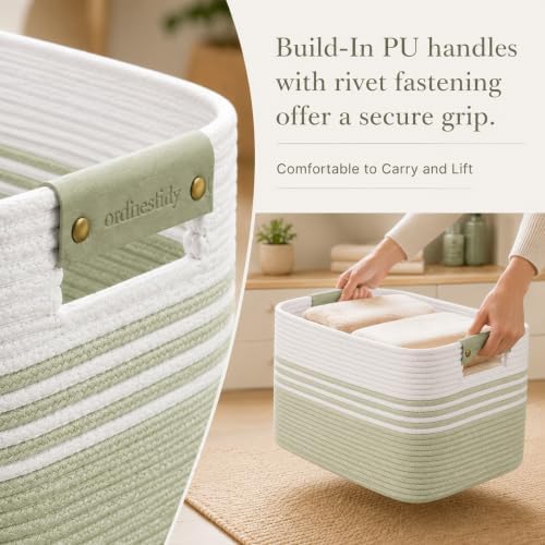 19.2GAL Sturdy Large Laundry Basket with Handles for Bathroom, Dorm Dirty Clothes, Portable Aesthetic Boho Cute Woven Storage Blanket Baskets for Living Room Decor Girls Boys Pets Toys White Green