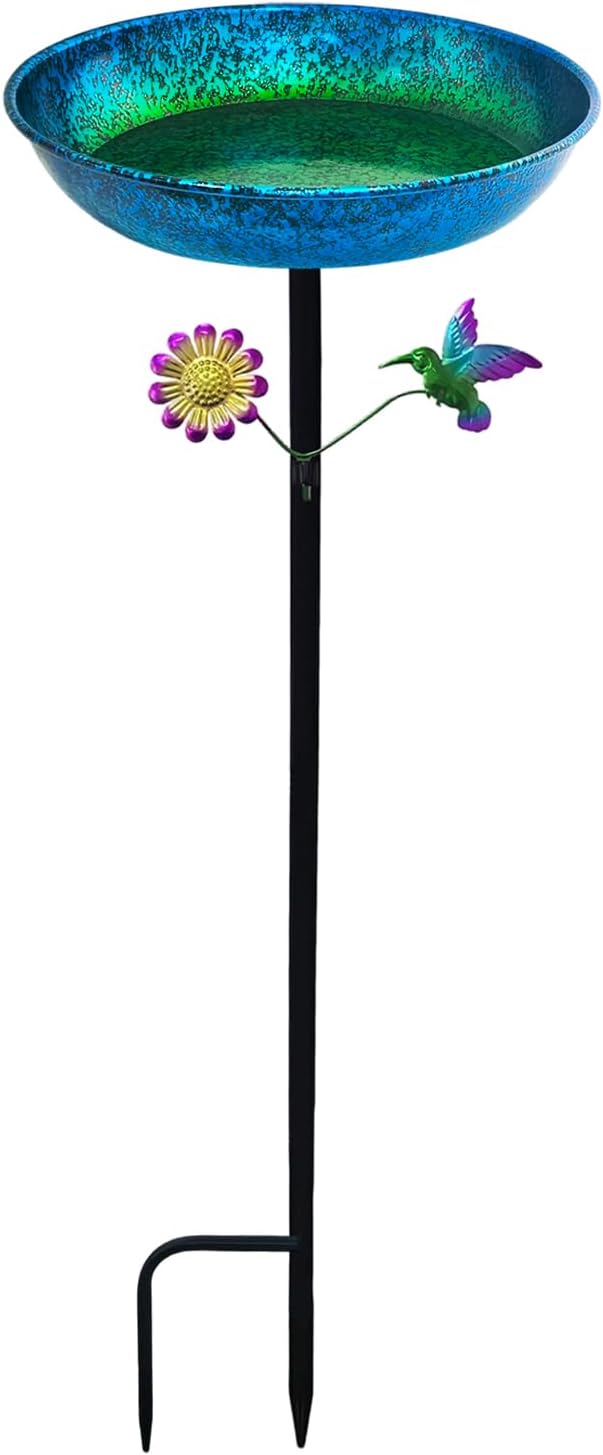 Freestanding Bird Bath with Metal Stake - 11” Metallic Blue & Green Metal Birdbath Bowl & Feeder Outdoor Garden Yard Decor