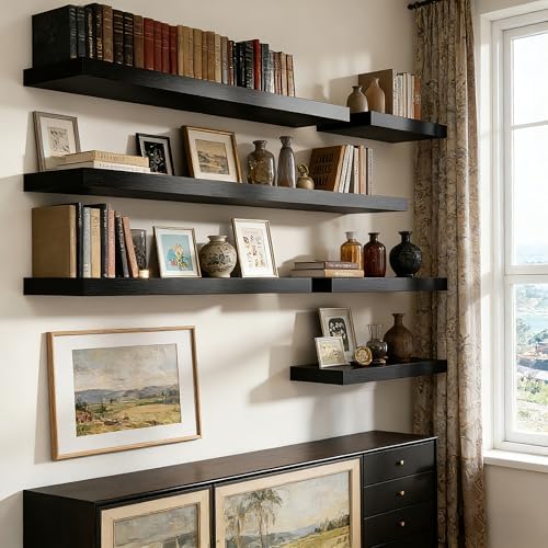 35.8"L Heavy Duty Solid Wood Core Floating Shelves, Black, Set of 2