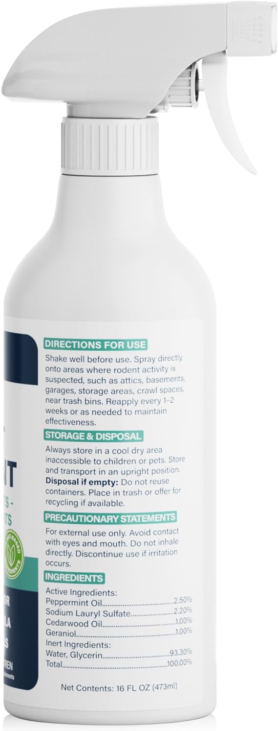 Peppermint Oil Spray for Rodents - Mice, Rat, Squirrel & Mouse Repellent - Natural Peppermint Essential Oil Indoor & Outdoor Deterrent Control for Home, Garage, Attic, RV & Car Engines - 16 Fl Oz