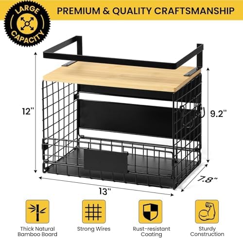 [WIDER SHELF] 2 SET Strong Magnetic Shelf Basket for Fridge with Tag & Bamboo Top, XXL Large Magnetic Spice Rack Shelves for Side of Refrigerator, Kitchen Pantry Storage Organizer for Food Fruit Veg