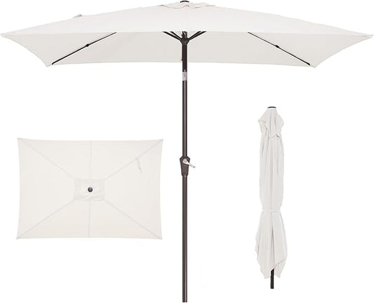 JEAREY 6.5x10 ft Rectangular Patio Umbrellas Rectangle Outdoor Umbrella with Push Button Tilt and Crank, Market Table Umbrella 6 Sturdy Ribs UV Protection for Poolside Garden Backyard Deck, Cream White