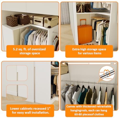 Vomavex Corner Closet System with 3 Hanging Rods, 30.8”-70.2” L Shaped Freestanding Closet Organizer for Walkin Closet, Corner Wardrobe, White