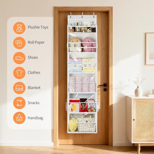 Yecaye Hanging Yarn Storage Organizer with 6 Zippered Closure Compartments, Heavy Duty Stuffed Animal Storage with Clear PVC, Dustproof Yarn Holder for Crocheting Storage, Pearl White 6 Tier