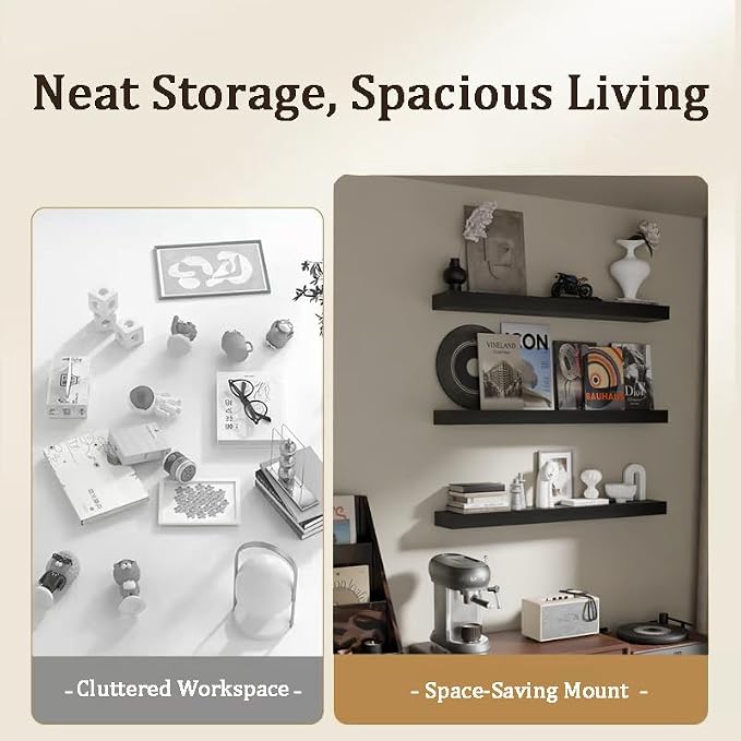 36 Inch Floating Shelves for Wall, Set of 3 | Wood Wall Mounted Shelves with Invisible Brackets, Rustic Farmhouse Long Shelf for Bedroom Living Room Kitchen (Black)