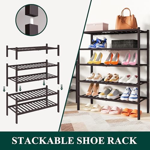 Smiry Bamboo Shoe Rack, 14 Vertical Slats, 3 Tier - 26.8" Wide, Brown