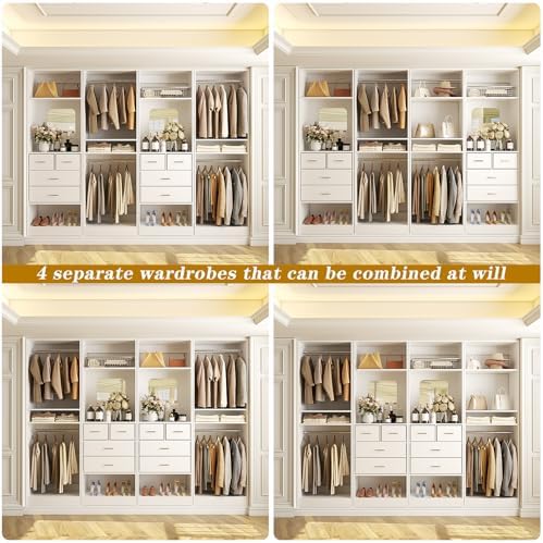 Unikito 100” Closet System with Drawers, 8.3FT Wood Closet Organizer with Hanging Rods and Mirror Design, Reversible Large Walk in Wardrobe Garment Rack with Shelves, Sturdy Closet Tower, White