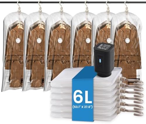 TAILI Hanging Vacuum Storage Bags Clothes, Coats, Jackets,6 Long with Pump
