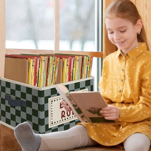 Kids Playroom Foldable Storage Bins Box with Handles, Boys Rule Retro Green Checkered Collapsible Toys Books Clothes Organizer Basket for Kids Boy Nursery Room Playroom Bedroom Bathroom