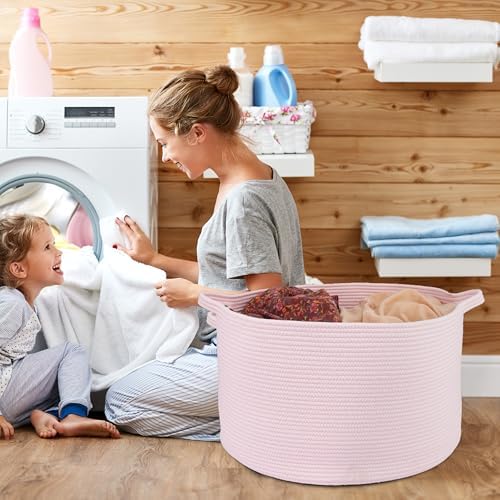 XUANGUO Extra Large Cotton Rope Round Storage Basket 22" x 14" Pink | Woven basket for blankets, toys, towels, laundry, nursery, living room and pet toy storage.