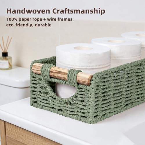 CubesLand Back of Toilet Storage Basket for Organizing W/Cut Out Handle | Handwoven Toilet Tank Top Paper Baskets, Wicker Decorative Basket for Countertop, Home Decor, Living Room, Nursery, Green
