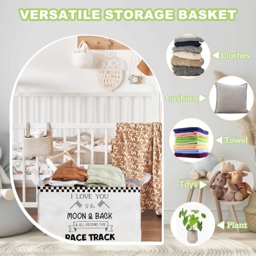Race Car Storage Basket for Boys, Boys Checkered Basket, Race Flag Kids Baby Storage Bin Toy, Car Themed Room Decor for Nursery, Large Squarecanvas Laundry Hamper With A Waterproof PECoating, Foldable