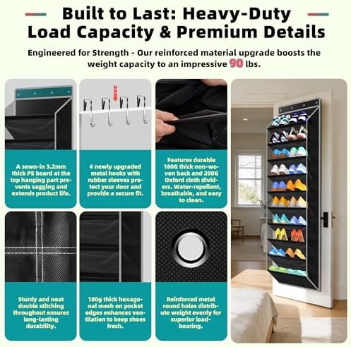 PAULONE 10-Pocket Multi-Use Over the Door Organizer, Heavy Duty 95lbs Capacity with Breathable Mesh, Versatile Hanging Storage for Shoes, Toys, Office Supplies-Classic (Black, 10-Shelf,)