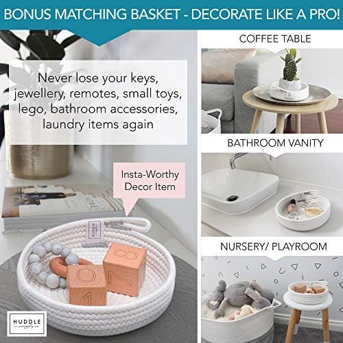 Huddle XXXLarge WASHABLE Blanket Basket for Living Room,Toys Storage, Baby | Woven Decorative Soft Cotton Rope Big Blanket Basket+Mini Basket for Nursery, Dog Toys, Storage, Organization Bins 22x14 Grey