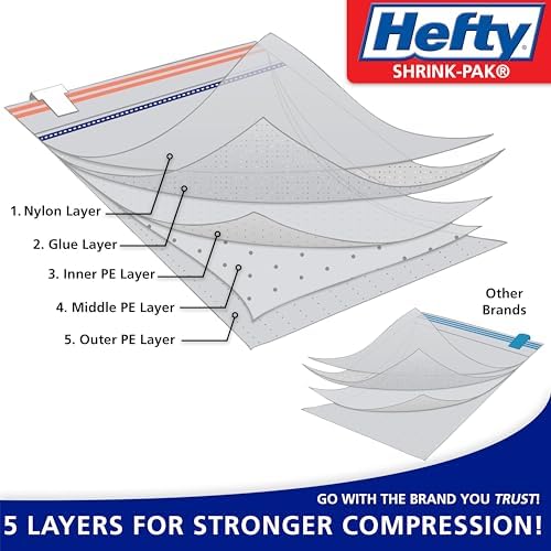 Hefty Shrink-Pak Large Travel Bags - Airtight Storage Bags for Maximum Space Saving, Travel Essentials, Ideal for Packing, Durable, Reliable Compression with Sealed Protection