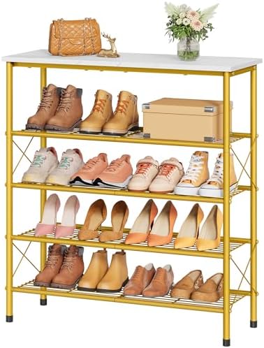 Tajsoon 5 Tier Shoe Rack Organizer for 16-20 Pairs of Shoes, White & Gold